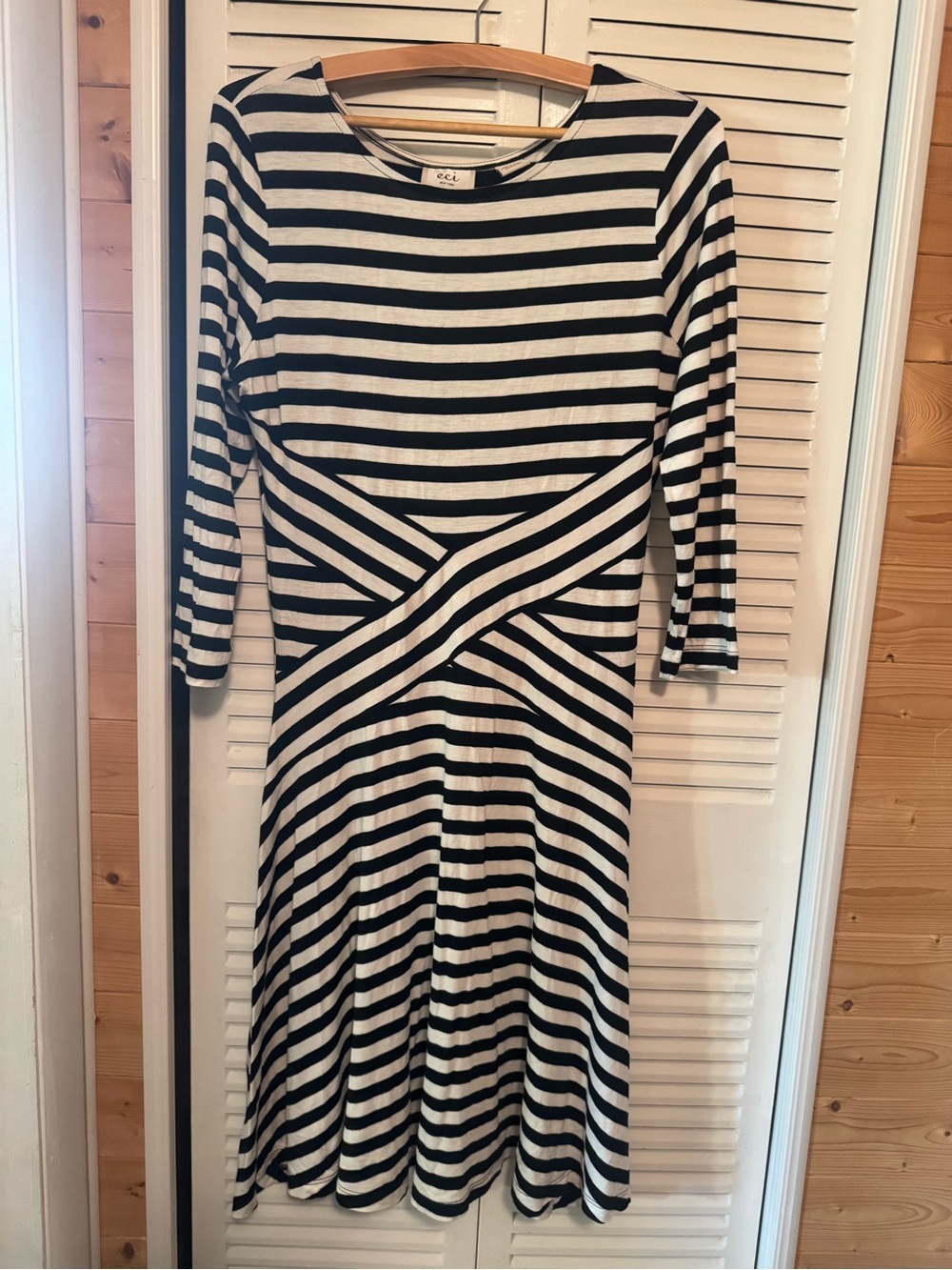 ECI Black and White Striped Long Sleeve A-Line Dress